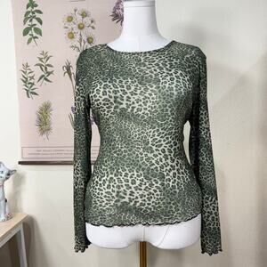 90s Y2k Green Leopard Print Lettuce Hem Mesh Top Grunge Sexy Trashy Bimbo M L